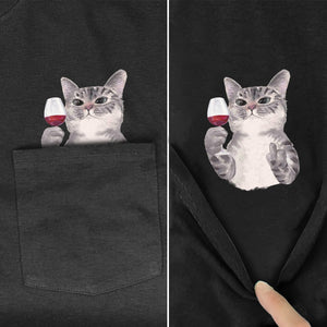 Cheeky Critter Pocket Tee: A Playful Surprise Inside "Wine Cat"